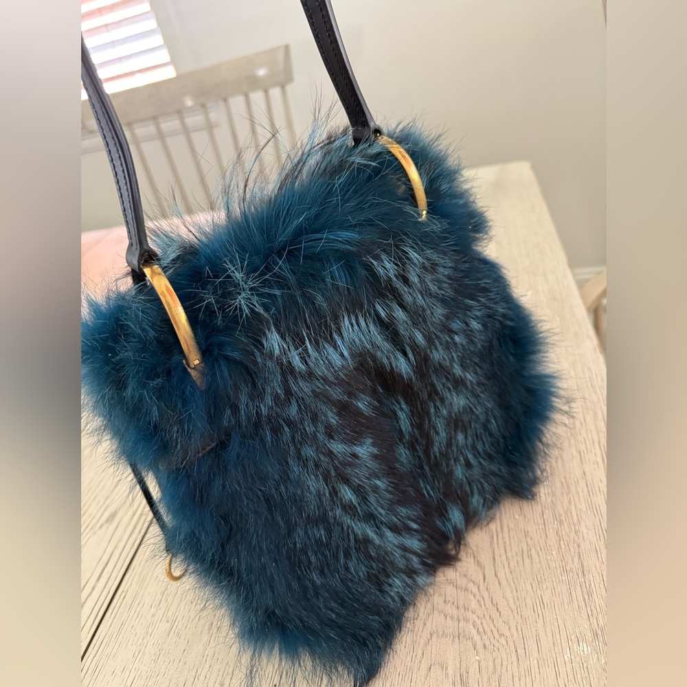PRADA CORSAIRE FOX-FUR AND LEATHER SHOULDER BAG IN BLUE - Picture 7 of 13